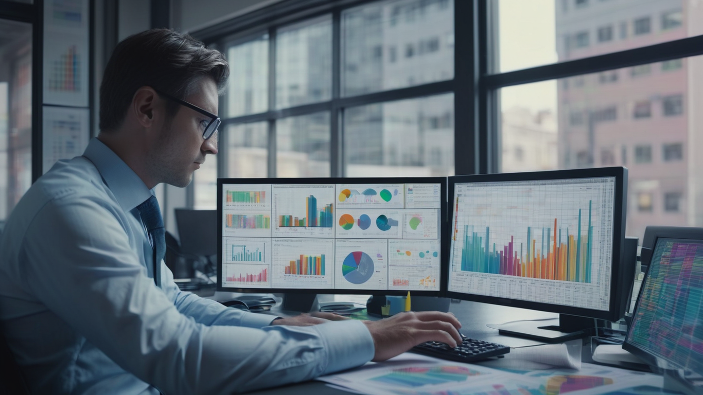 A modern home service dispatcher using an AI-powered software on a laptop, showing a digital map with optimized routes and technician schedules. The office has a contemporary design with multiple screens showing data analytics, and service vehicles ready outside.